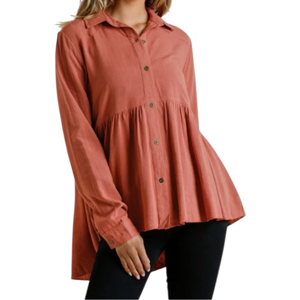 Umgee Size Small Sunset Linen-Cotton Babydoll Button Down Top